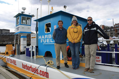 Harbor Fuel 1 Captain Jackie Gilman, center, and Boston Yacht Haven General Manager Kevin Lussier, right, have seen their fueling operations optimized with the use of Blackmer® Sliding Vane Pumps, which were recommended by Mike Trask, left, Officer, Hall Trask Equipment Co., a longtime Blackmer distributor.