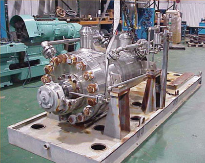 A base plate-mounted API610-style multi-stage pump at a Rebuild-Upgrader's Shop (source: HydroAire, Inc., Chicago, Illinois) 